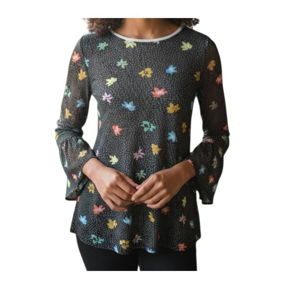CABLE & GAUGE SHEER BLACK FLORAL BLOUSE SZ.S  EUC.